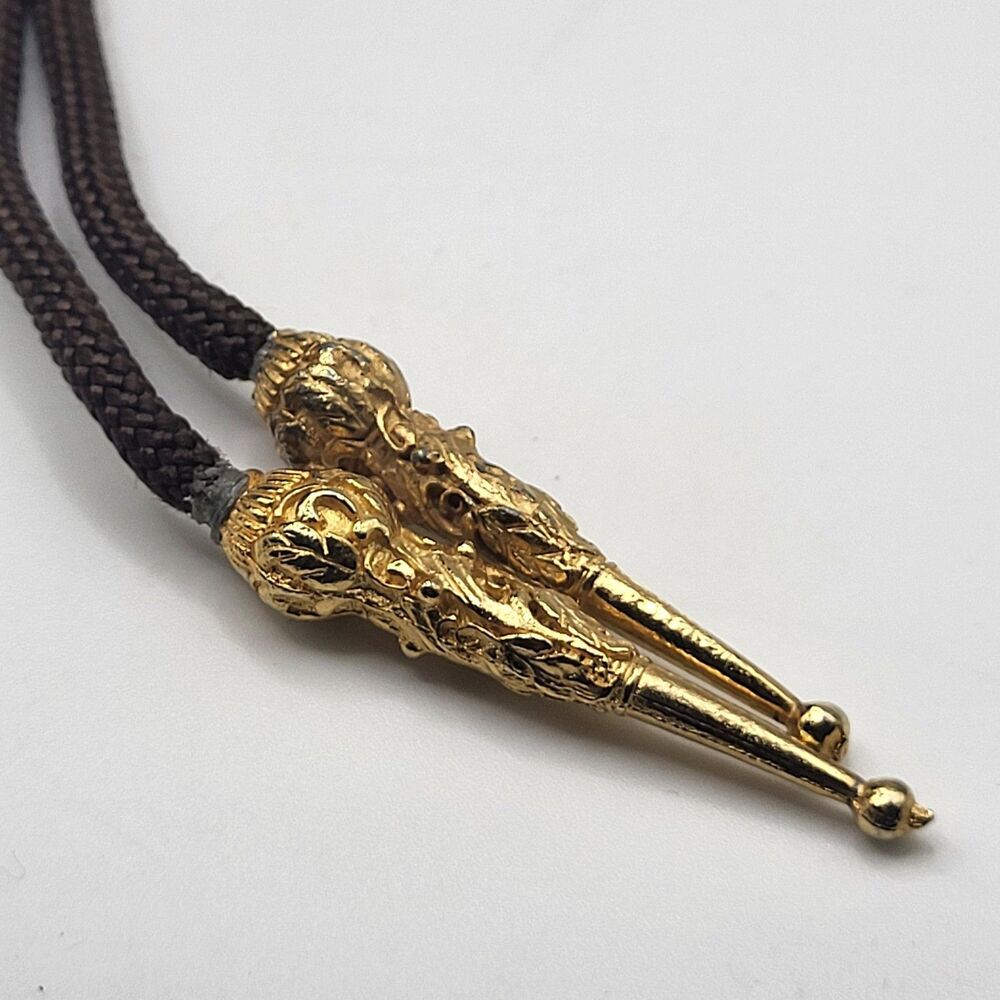 Vintage Bolo Tie Ram Bighorn Sheep Skull Design Bronze Brass 10K Gold PlatedTips - Picture 4 of 5